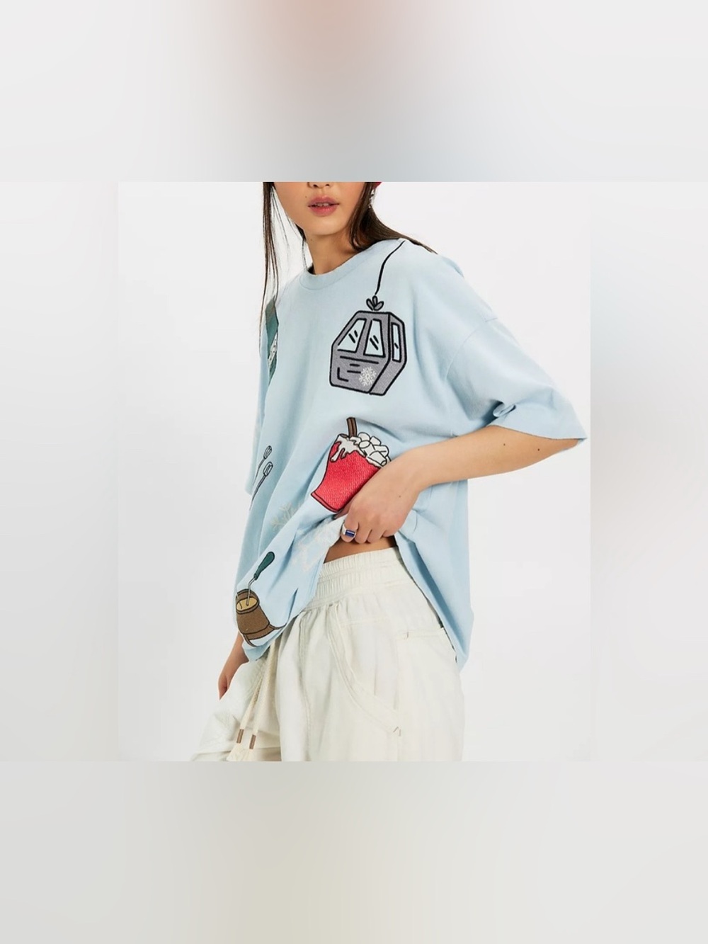 NWT Free People Denim And Bone Dinner Party Embroidered Tee apres light blue - S - Picture 2 of 8